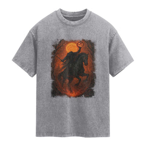 Scary Pumpkin Headless Horseman Halloween Washed Cotton T-Shirt