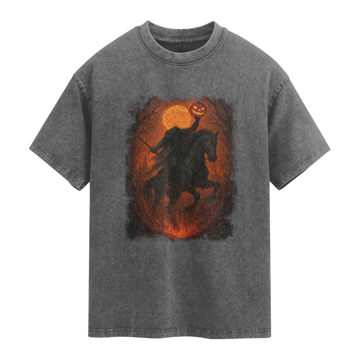 Scary Pumpkin Headless Horseman Halloween Washed Cotton T-Shirt