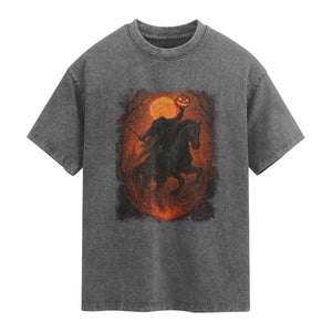 Scary Pumpkin Headless Horseman Halloween Washed Cotton T-Shirt