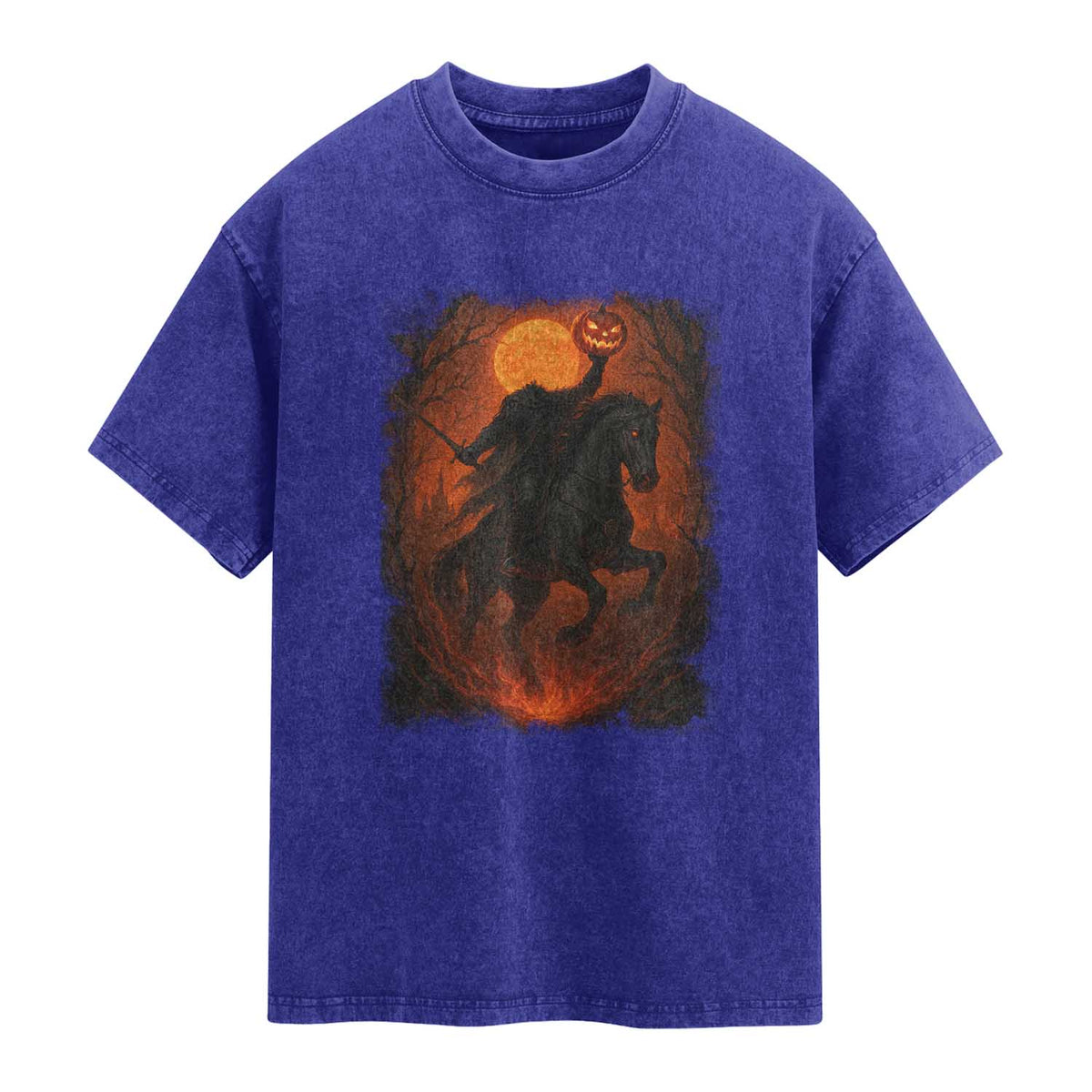 Scary Pumpkin Headless Horseman Halloween Washed Cotton T-Shirt