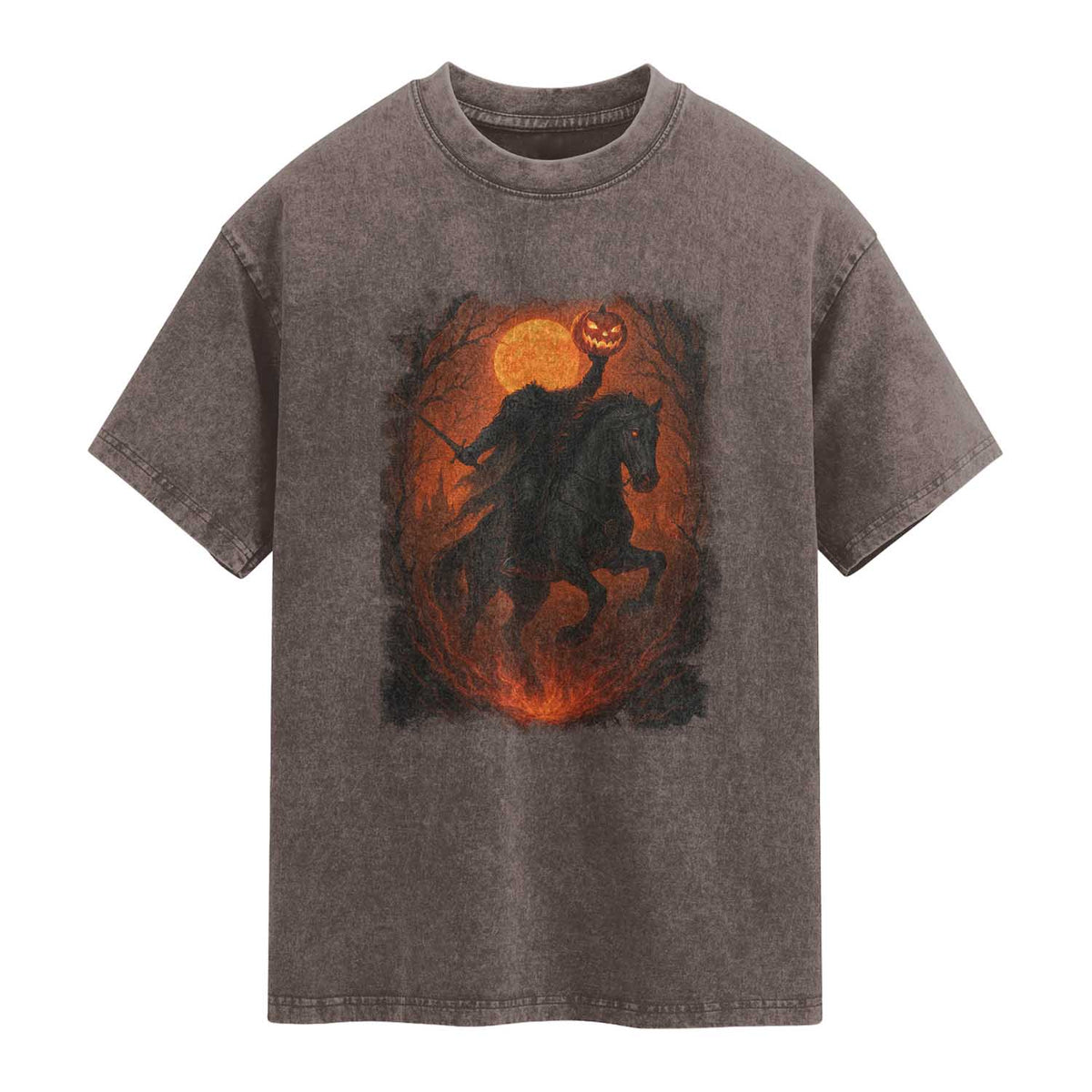 Scary Pumpkin Headless Horseman Halloween Washed Cotton T-Shirt