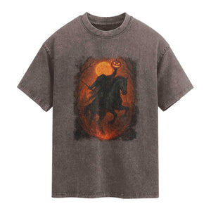 Scary Pumpkin Headless Horseman Halloween Washed Cotton T-Shirt