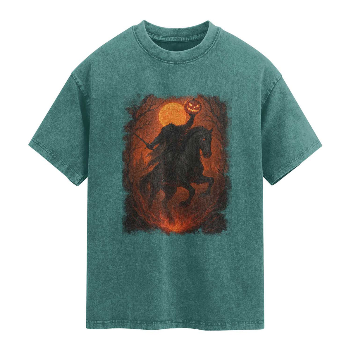 Scary Pumpkin Headless Horseman Halloween Washed Cotton T-Shirt