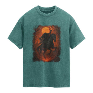 Scary Pumpkin Headless Horseman Halloween Washed Cotton T-Shirt