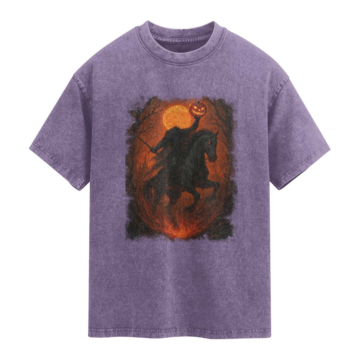 Scary Pumpkin Headless Horseman Halloween Washed Cotton T-Shirt