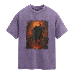 Scary Pumpkin Headless Horseman Halloween Washed Cotton T-Shirt