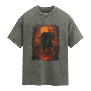 Scary Pumpkin Headless Horseman Halloween Washed Cotton T-Shirt
