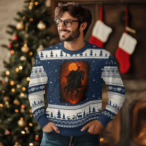 Scary Pumpkin Headless Horseman Halloween Ugly Christmas Sweater TS10 Navy Beige Print Your Wear