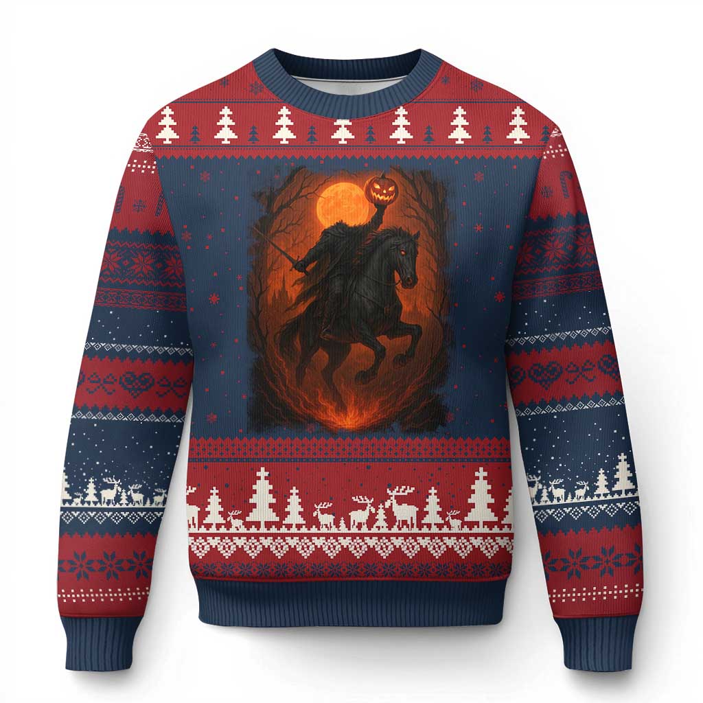 Scary Pumpkin Headless Horseman Halloween Ugly Christmas Sweater TS10 Navy Red Print Your Wear