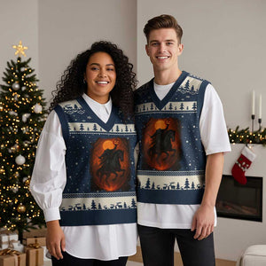 Scary Pumpkin Headless Horseman Halloween V-Neck Knit Sweater Vest TS10 Navy Beige Print Your Wear