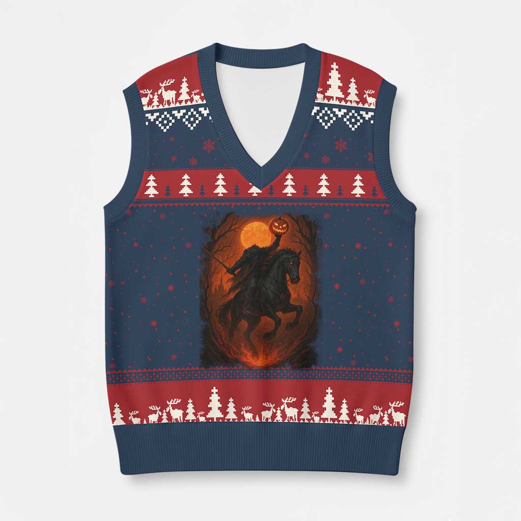 Scary Pumpkin Headless Horseman Halloween V-Neck Knit Sweater Vest TS10 Navy Red Print Your Wear