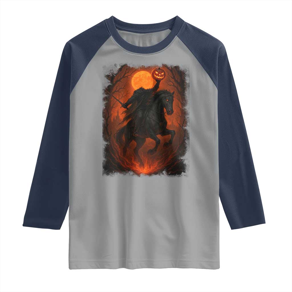 Scary Pumpkin Headless Horseman Halloween Raglan Shirt TS10 Sport Gray Navy Print Your Wear