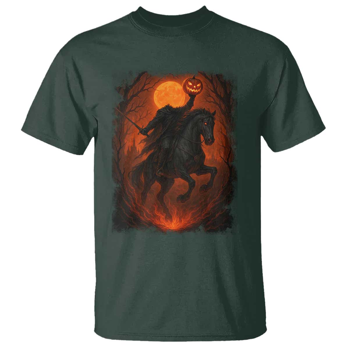 Scary Pumpkin Headless Horseman Halloween T Shirt TS10 Dark Forest Green Print Your Wear
