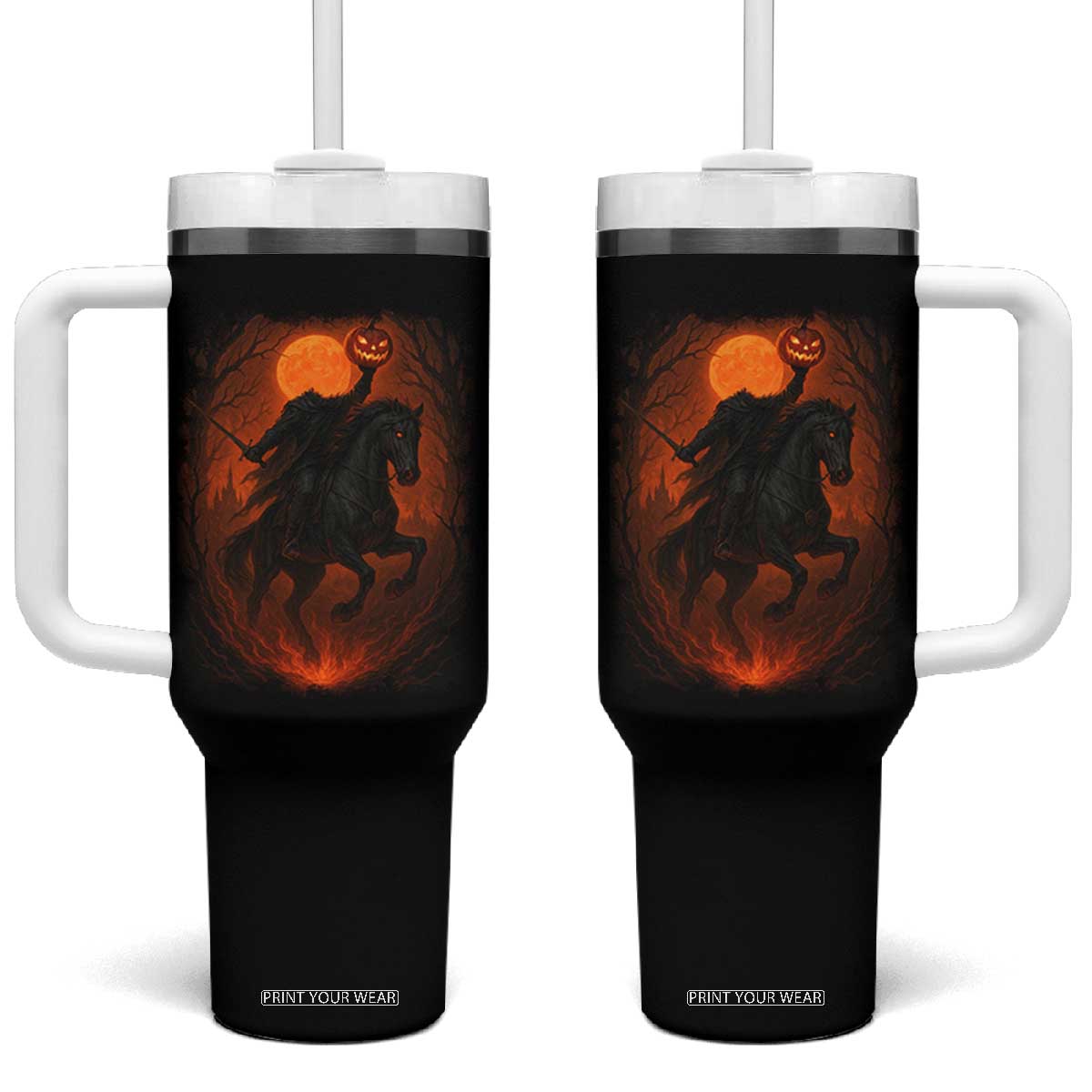 Scary Pumpkin Headless Horseman Halloween Tumbler With Handle TS10 One Size: 40 oz Black Print Your Wear