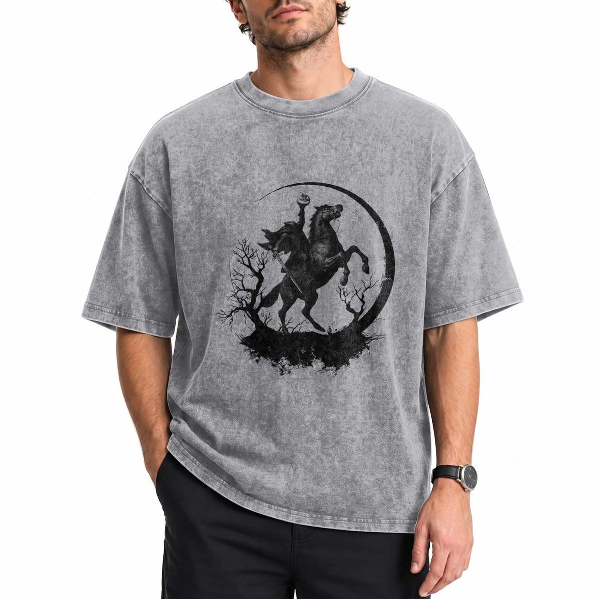 Headless Horseman Washed Cotton T-Shirt Retro Gothic Scary Pumpkin Moon Halloween Costume