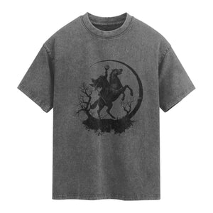 Headless Horseman Washed Cotton T-Shirt Retro Gothic Scary Pumpkin Moon Halloween Costume