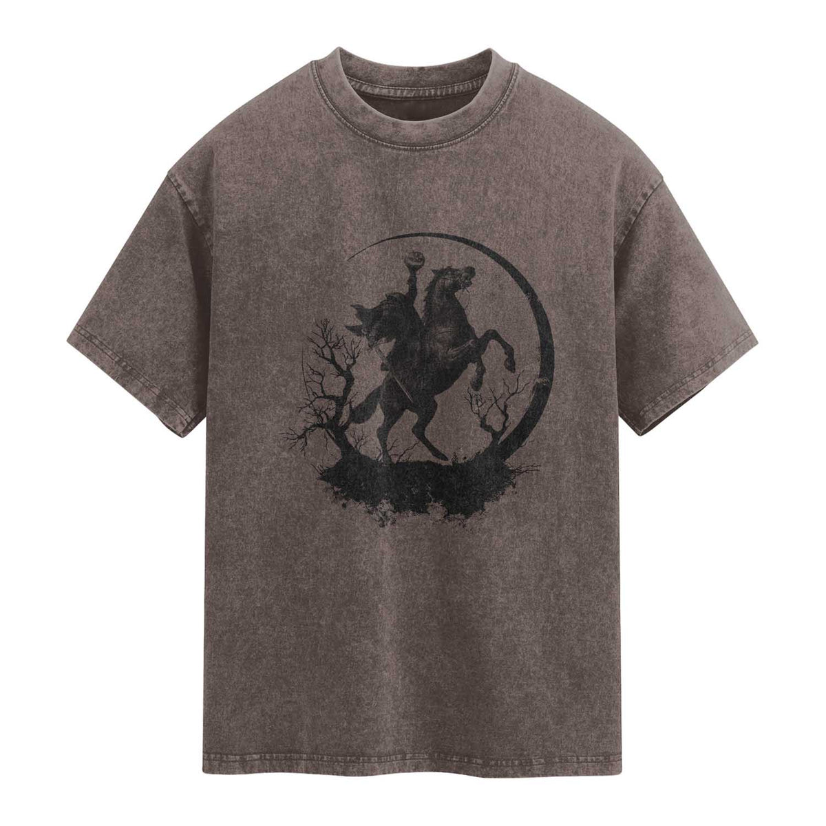 Headless Horseman Washed Cotton T-Shirt Retro Gothic Scary Pumpkin Moon Halloween Costume