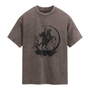 Headless Horseman Washed Cotton T-Shirt Retro Gothic Scary Pumpkin Moon Halloween Costume