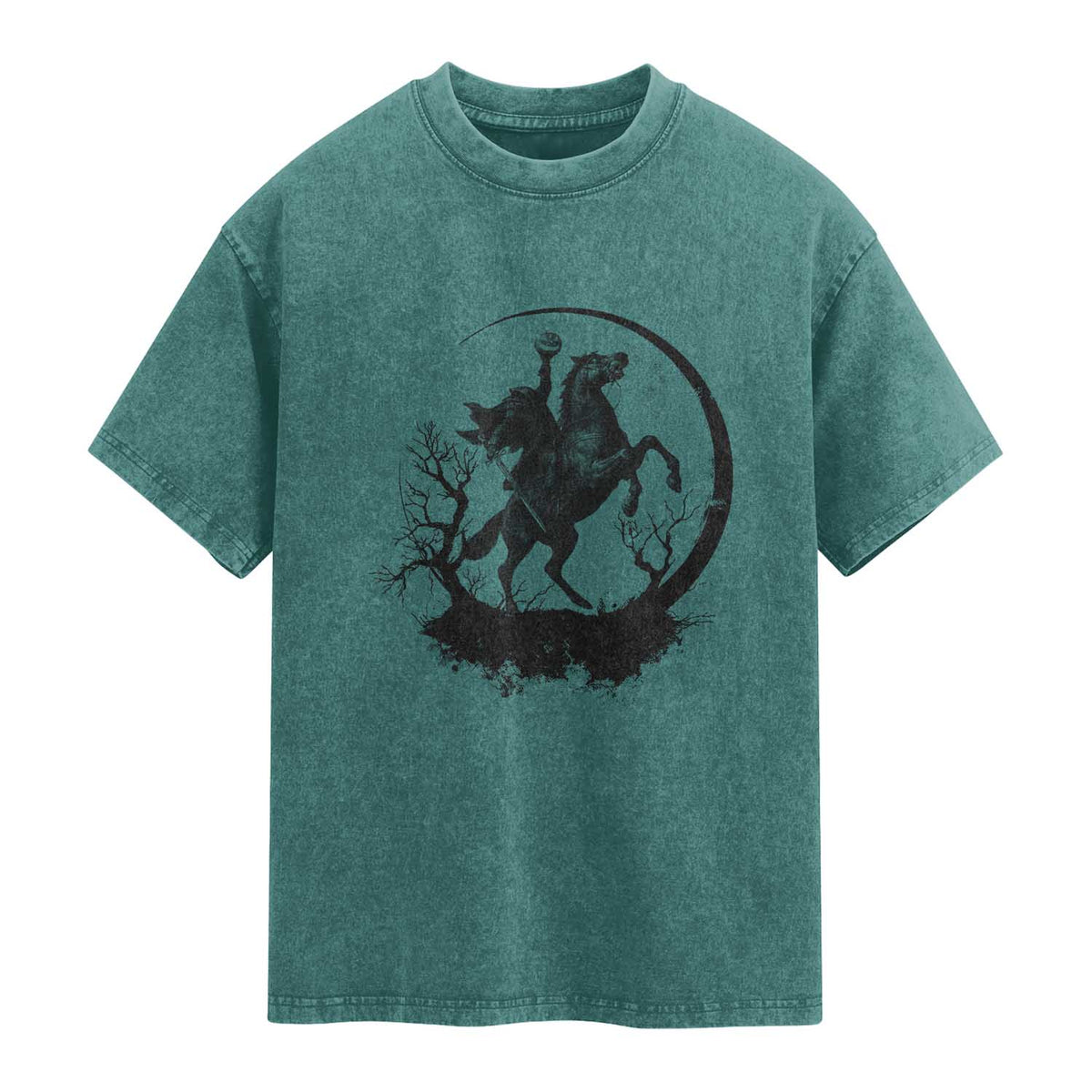 Headless Horseman Washed Cotton T-Shirt Retro Gothic Scary Pumpkin Moon Halloween Costume