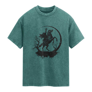 Headless Horseman Washed Cotton T-Shirt Retro Gothic Scary Pumpkin Moon Halloween Costume