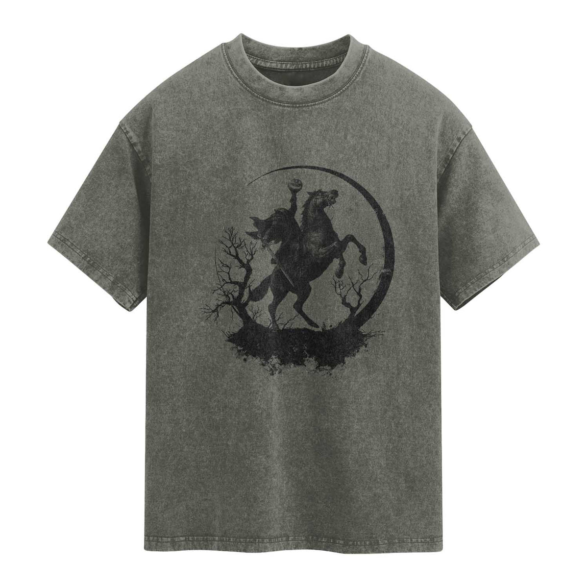 Headless Horseman Washed Cotton T-Shirt Retro Gothic Scary Pumpkin Moon Halloween Costume