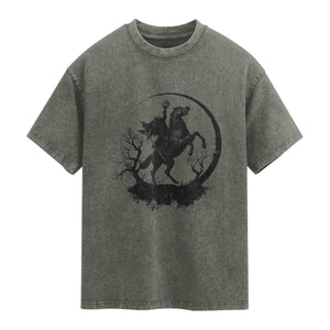 Headless Horseman Washed Cotton T-Shirt Retro Gothic Scary Pumpkin Moon Halloween Costume