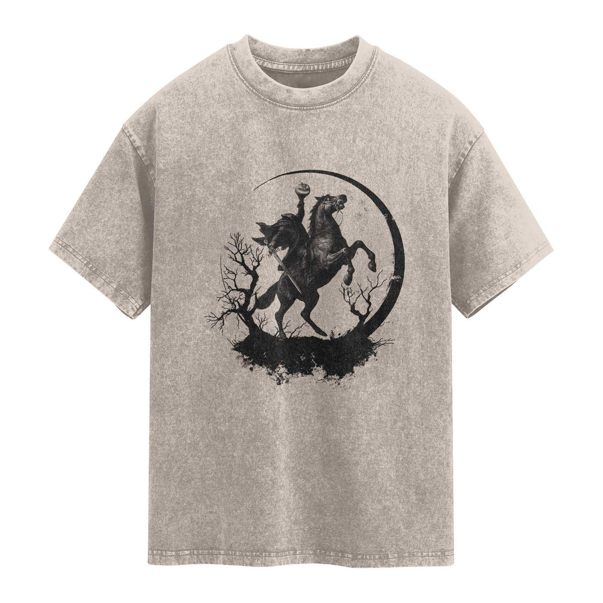 Headless Horseman Washed Cotton T-Shirt Retro Gothic Scary Pumpkin Moon Halloween Costume