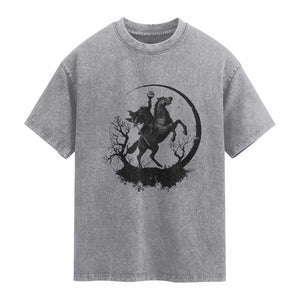 Headless Horseman Washed Cotton T-Shirt Retro Gothic Scary Pumpkin Moon Halloween Costume