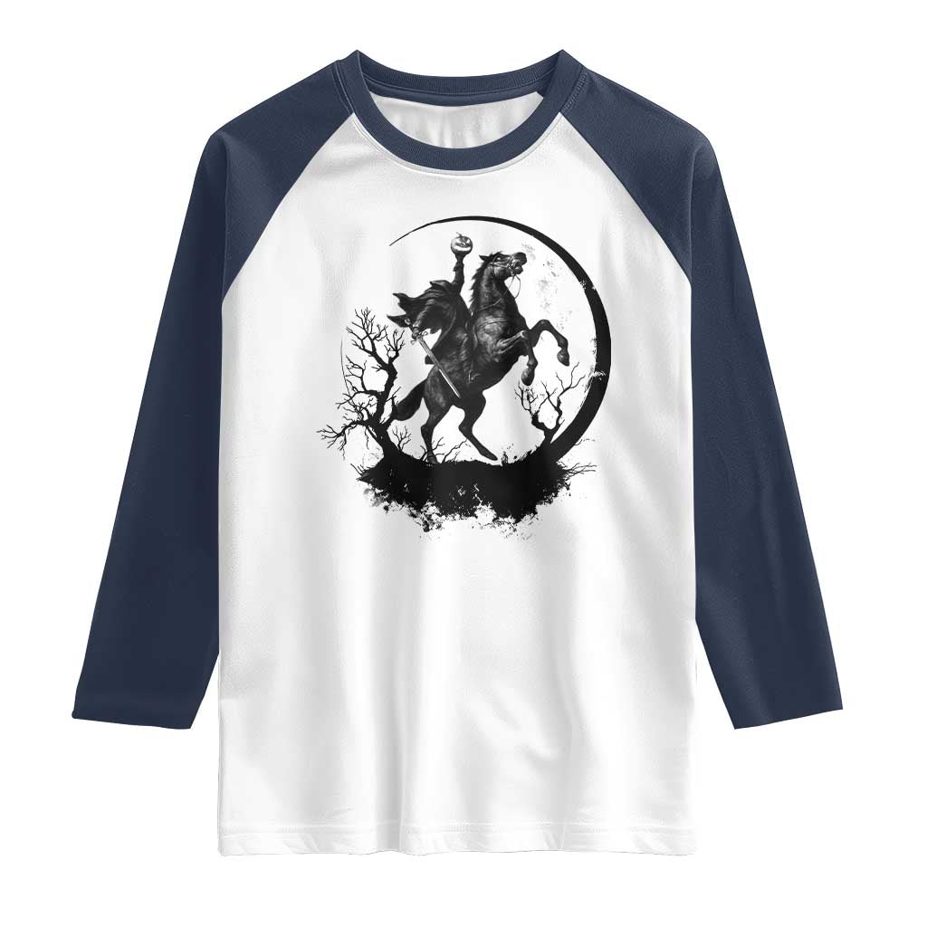 Headless Horseman Raglan Shirt Retro Gothic Scary Pumpkin Moon Halloween Costume TS10 White Navy Print Your Wear