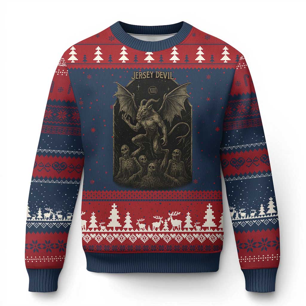 Jersey Devil Ugly Christmas Sweater Vintage Weird Creepy Creature Leeds Devil TS10 Navy Red Print Your Wear