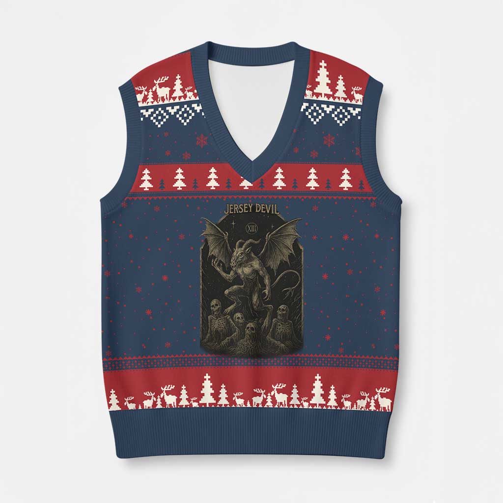 Jersey Devil V-Neck Knit Sweater Vest Vintage Weird Creepy Creature Leeds Devil TS10 Navy Red Print Your Wear