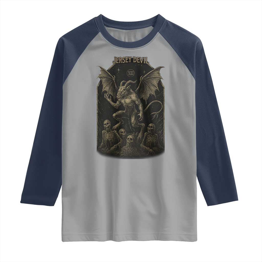 Jersey Devil Raglan Shirt Vintage Weird Creepy Creature Leeds Devil TS10 Sport Gray Navy Print Your Wear