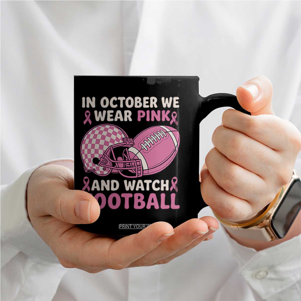 In October We Wear Pink Football Breast Cancer Awareness Coffee Mug Pink Ribbon Checkered Game Day TS10 Print Your Wear
