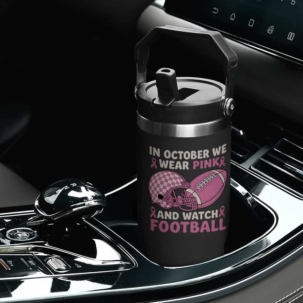 In October We Wear Pink Football Breast Cancer Awareness Flip Straw Tumbler Pink Ribbon Checkered Game Day TS10 Print Your Wear