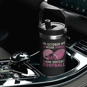 In October We Wear Pink Football Breast Cancer Awareness Flip Straw Tumbler Pink Ribbon Checkered Game Day TS10 Print Your Wear