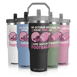 In October We Wear Pink Football Breast Cancer Awareness Flip Straw Tumbler Pink Ribbon Checkered Game Day TS10 Print Your Wear