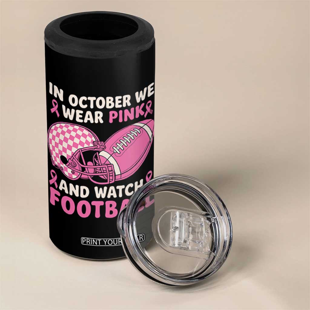 In October We Wear Pink Football Breast Cancer Awareness 4 in 1 Can Cooler Tumbler Pink Ribbon Checkered Game Day TS10 Print Your Wear