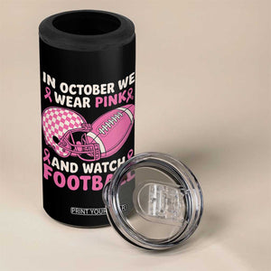 In October We Wear Pink Football Breast Cancer Awareness 4 in 1 Can Cooler Tumbler Pink Ribbon Checkered Game Day TS10 Print Your Wear
