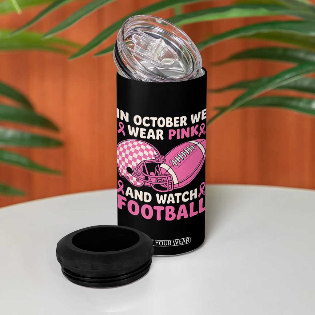 In October We Wear Pink Football Breast Cancer Awareness 4 in 1 Can Cooler Tumbler Pink Ribbon Checkered Game Day TS10 Print Your Wear