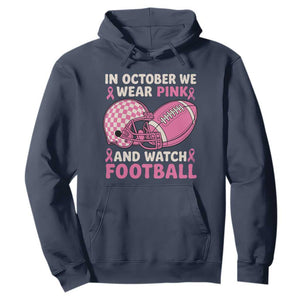 In October We Wear Pink Football Breast Cancer Awareness Hoodie Pink Ribbon Checkered Game Day TS10 Navy Print Your Wear