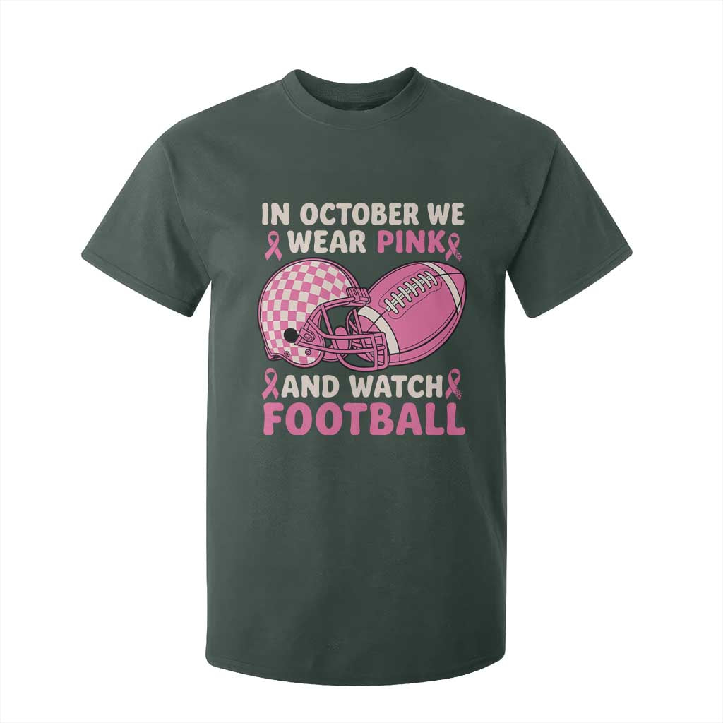 In October We Wear Pink Football Breast Cancer Awareness T Shirt For Kid Pink Ribbon Checkered Game Day TS10 Dark Forest Green Print Your Wear