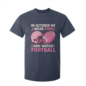 In October We Wear Pink Football Breast Cancer Awareness T Shirt For Kid Pink Ribbon Checkered Game Day TS10 Navy Print Your Wear