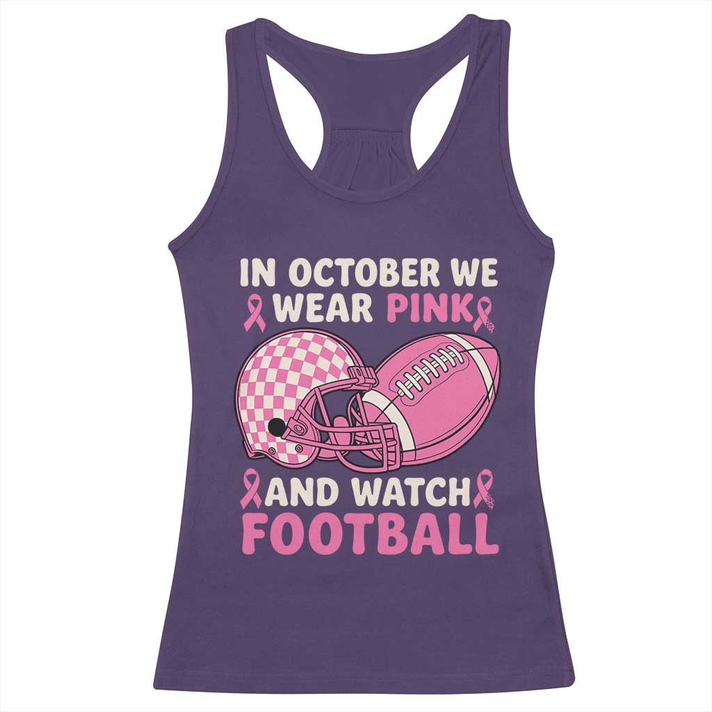 In October We Wear Pink Football Breast Cancer Awareness Racerback Tank Top Pink Ribbon Checkered Game Day TS10 Purple Print Your Wear