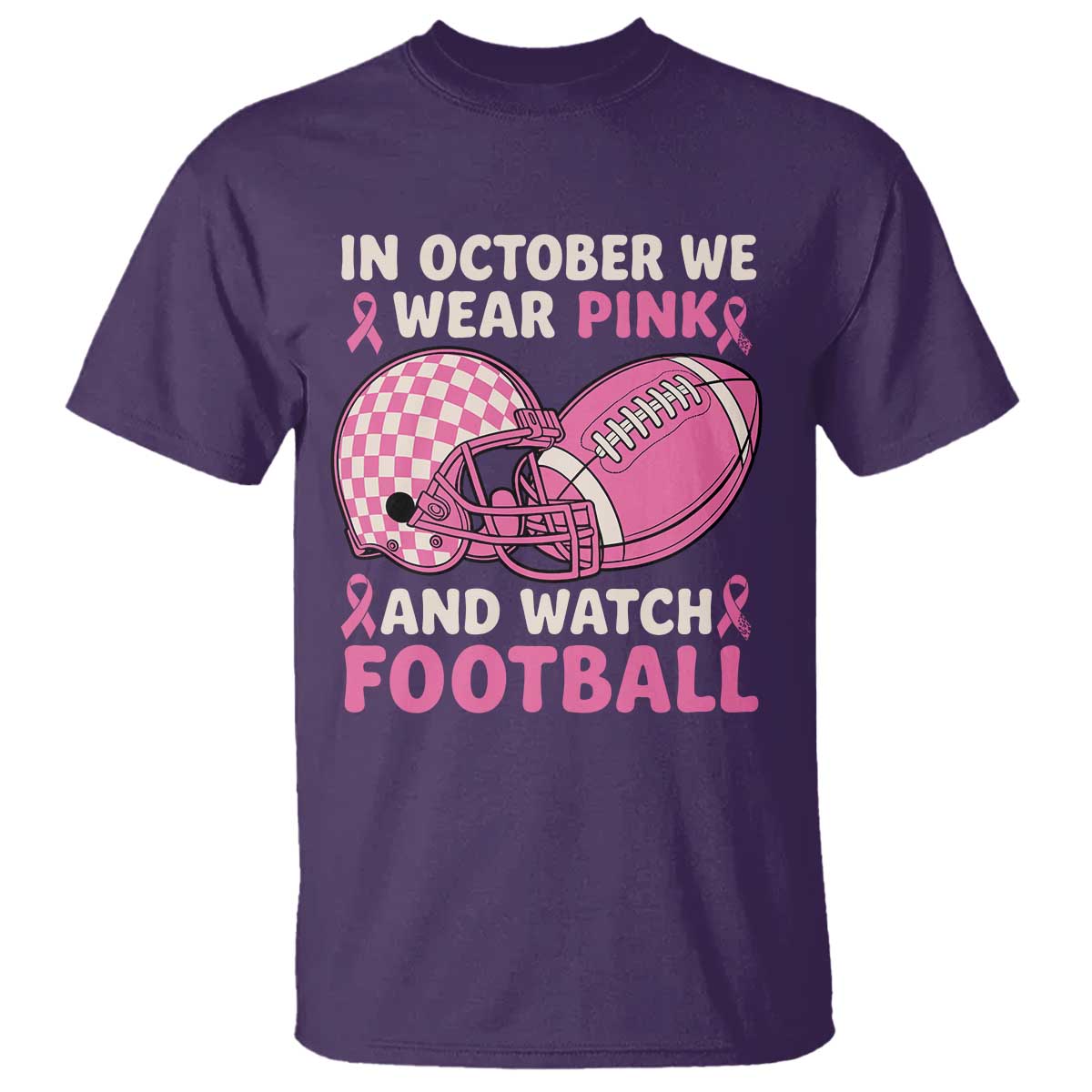 In October We Wear Pink Football Breast Cancer Awareness T Shirt Pink Ribbon Checkered Game Day TS10 Purple Print Your Wear