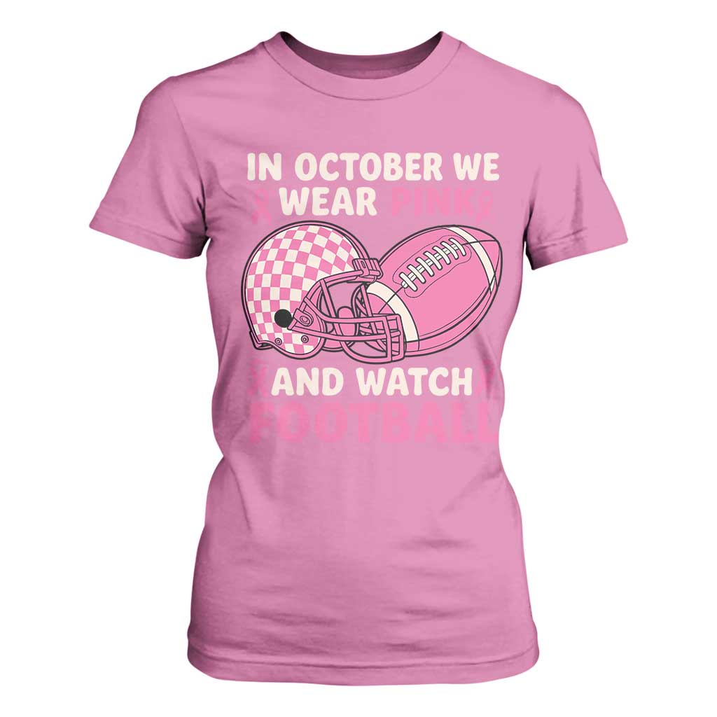 In October We Wear Pink Football Breast Cancer Awareness T Shirt For Women Pink Ribbon Checkered Game Day TS10 Azalea Print Your Wear
