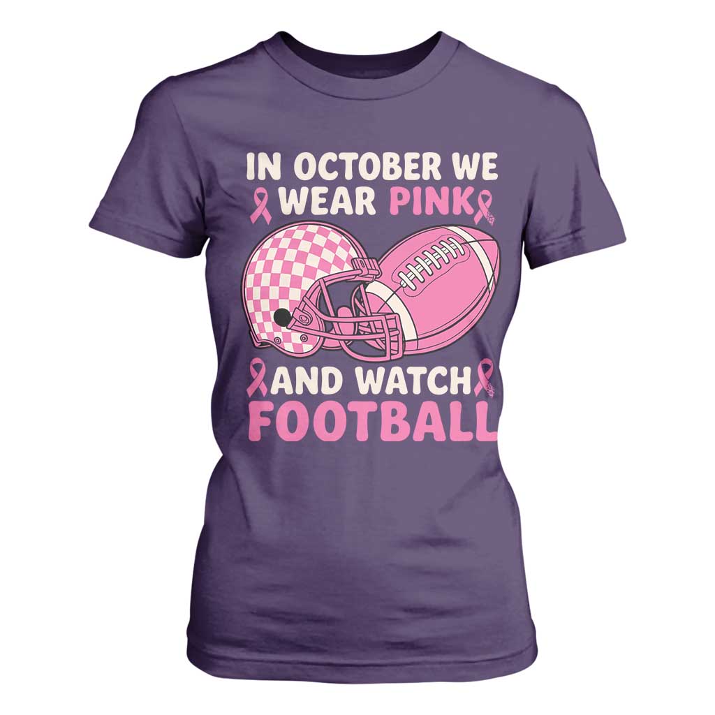 In October We Wear Pink Football Breast Cancer Awareness T Shirt For Women Pink Ribbon Checkered Game Day TS10 Purple Print Your Wear