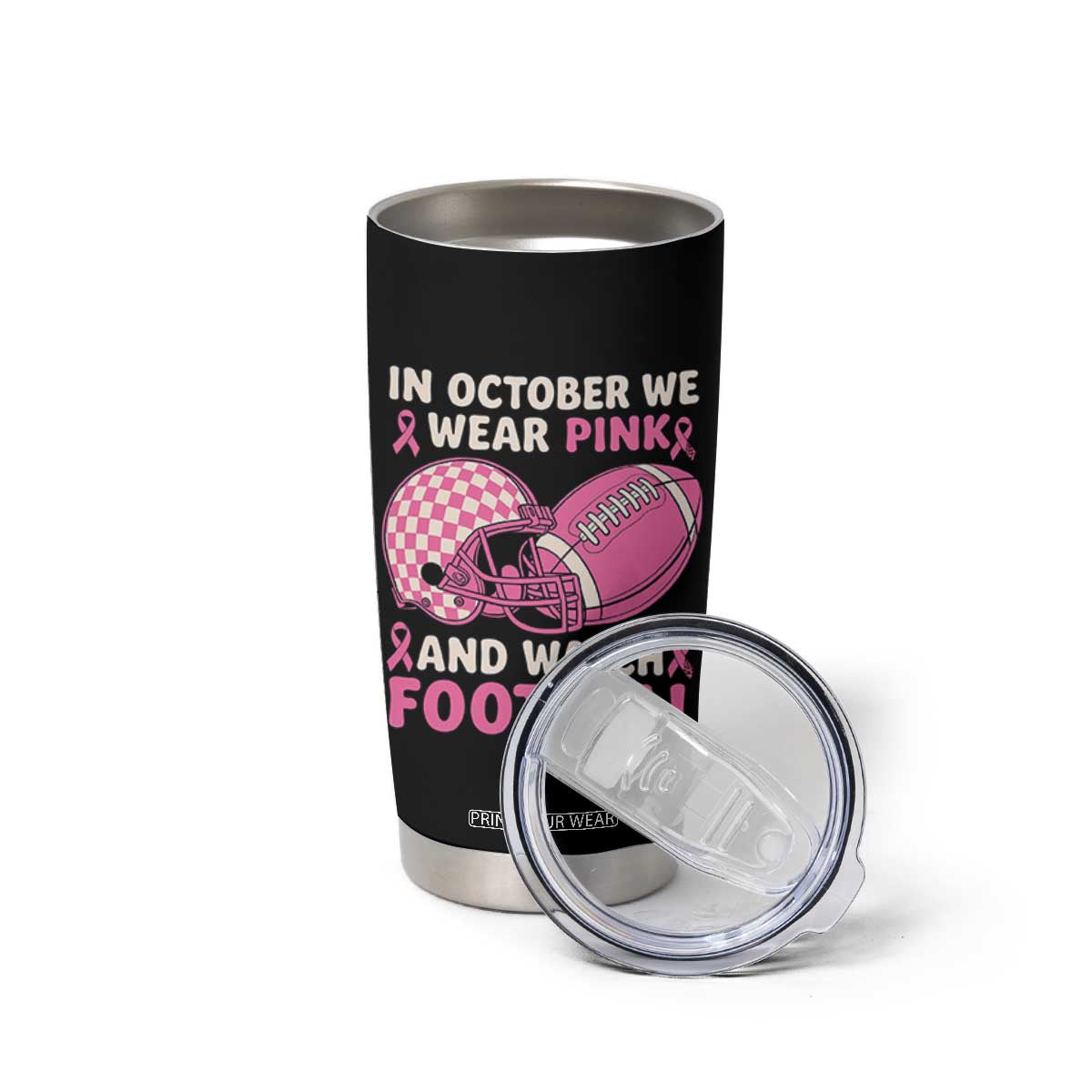 In October We Wear Pink Football Breast Cancer Awareness Tumbler Cup Pink Ribbon Checkered Game Day TS10 Print Your Wear