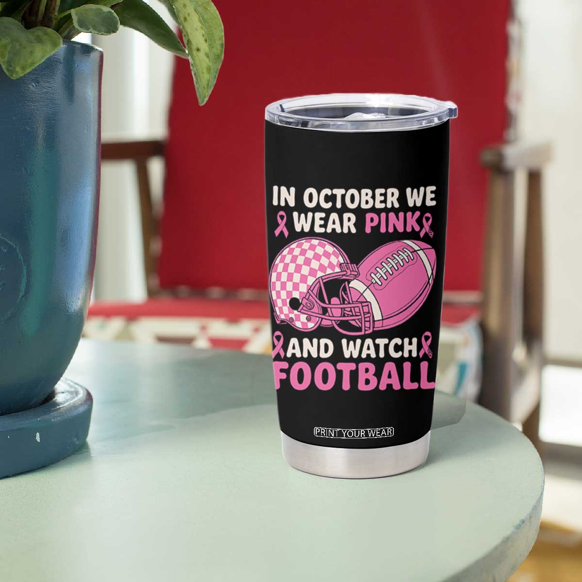 In October We Wear Pink Football Breast Cancer Awareness Tumbler Cup Pink Ribbon Checkered Game Day TS10 Print Your Wear