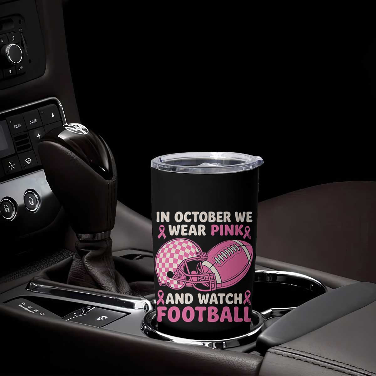 In October We Wear Pink Football Breast Cancer Awareness Tumbler Cup Pink Ribbon Checkered Game Day TS10 Print Your Wear