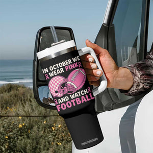 In October We Wear Pink Football Breast Cancer Awareness Tumbler With Handle Pink Ribbon Checkered Game Day TS10 Print Your Wear